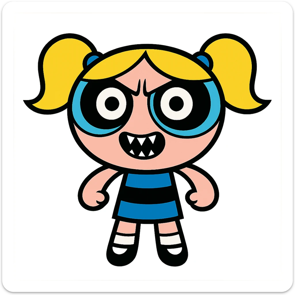 Bubbles, cartoon girl with pigtails and big eyes, inspired by Powerpuff Girls, scary creepy look, vibrant cartoon style sticker