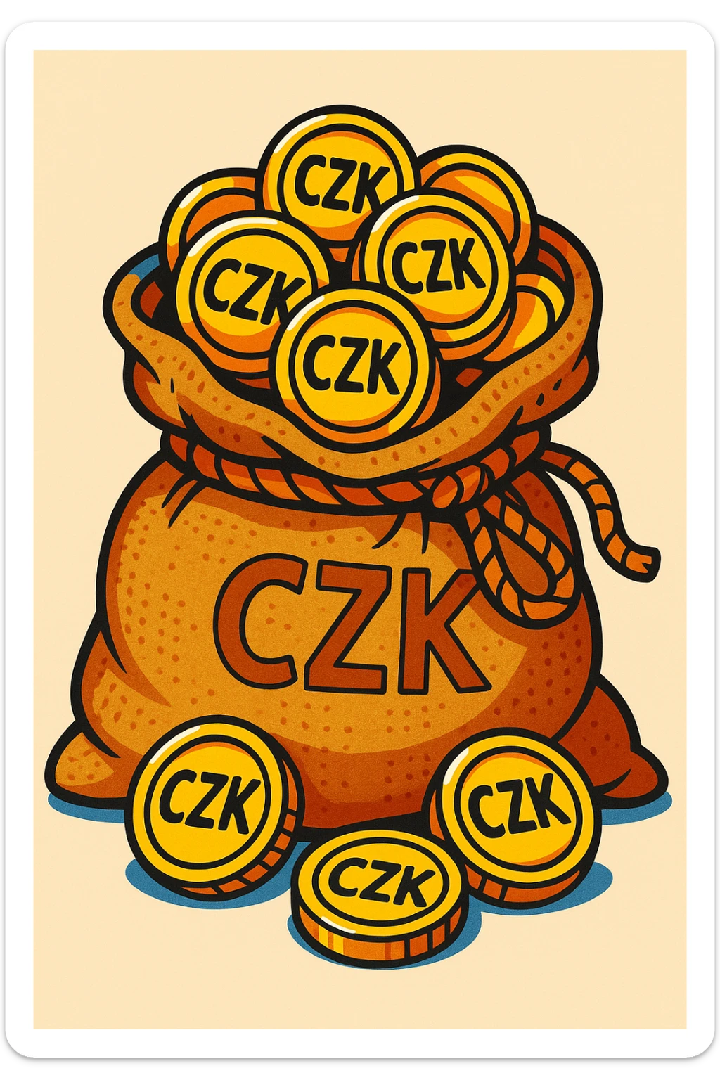 colorful cartoon style burlap sack overflowing with Czech koruna coins, CZK symbol visible sticker