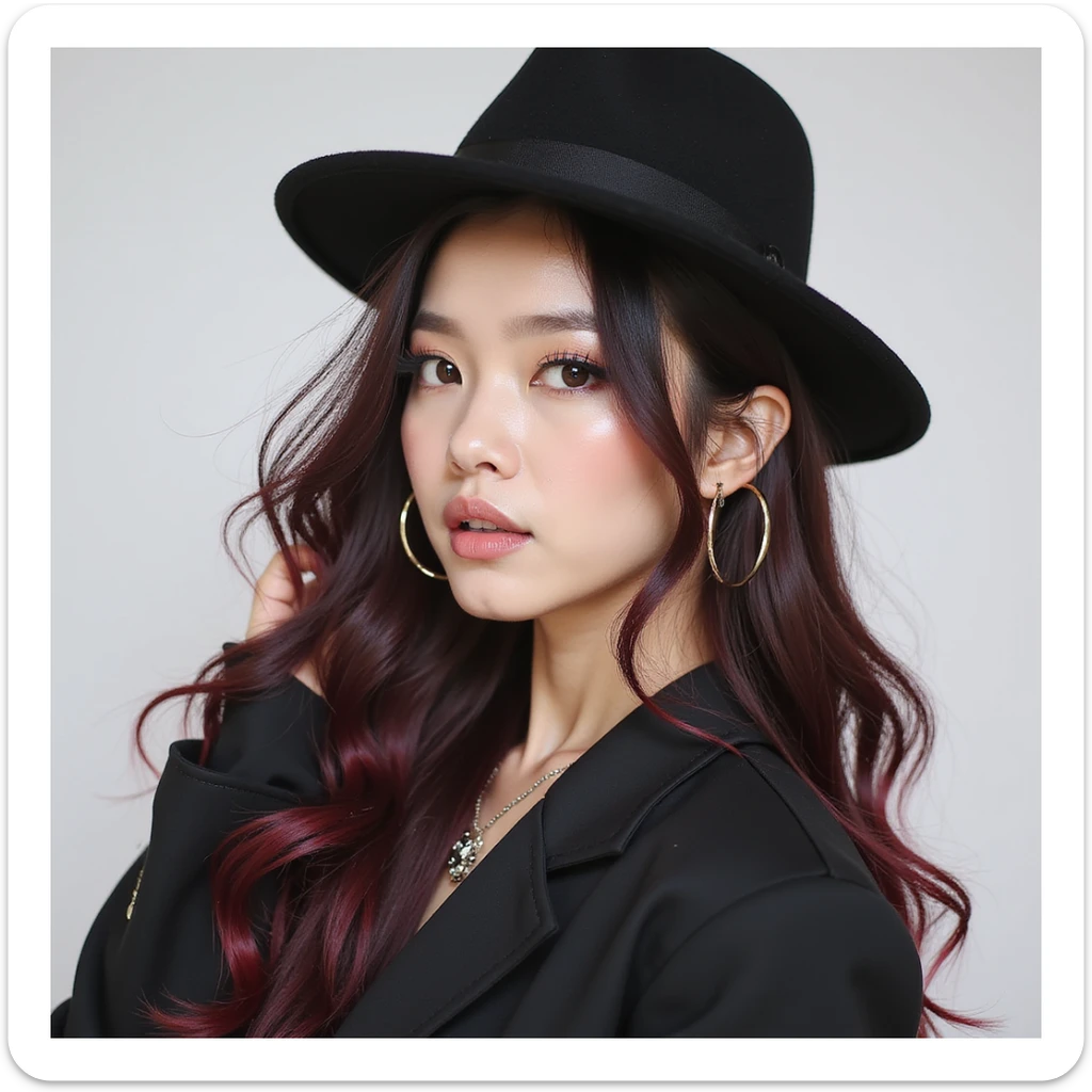 realistic portrait of a K-pop idol inspired by Blackpink, photorealistic style, bold stage makeup, trendy hairstyle, confident pose sticker