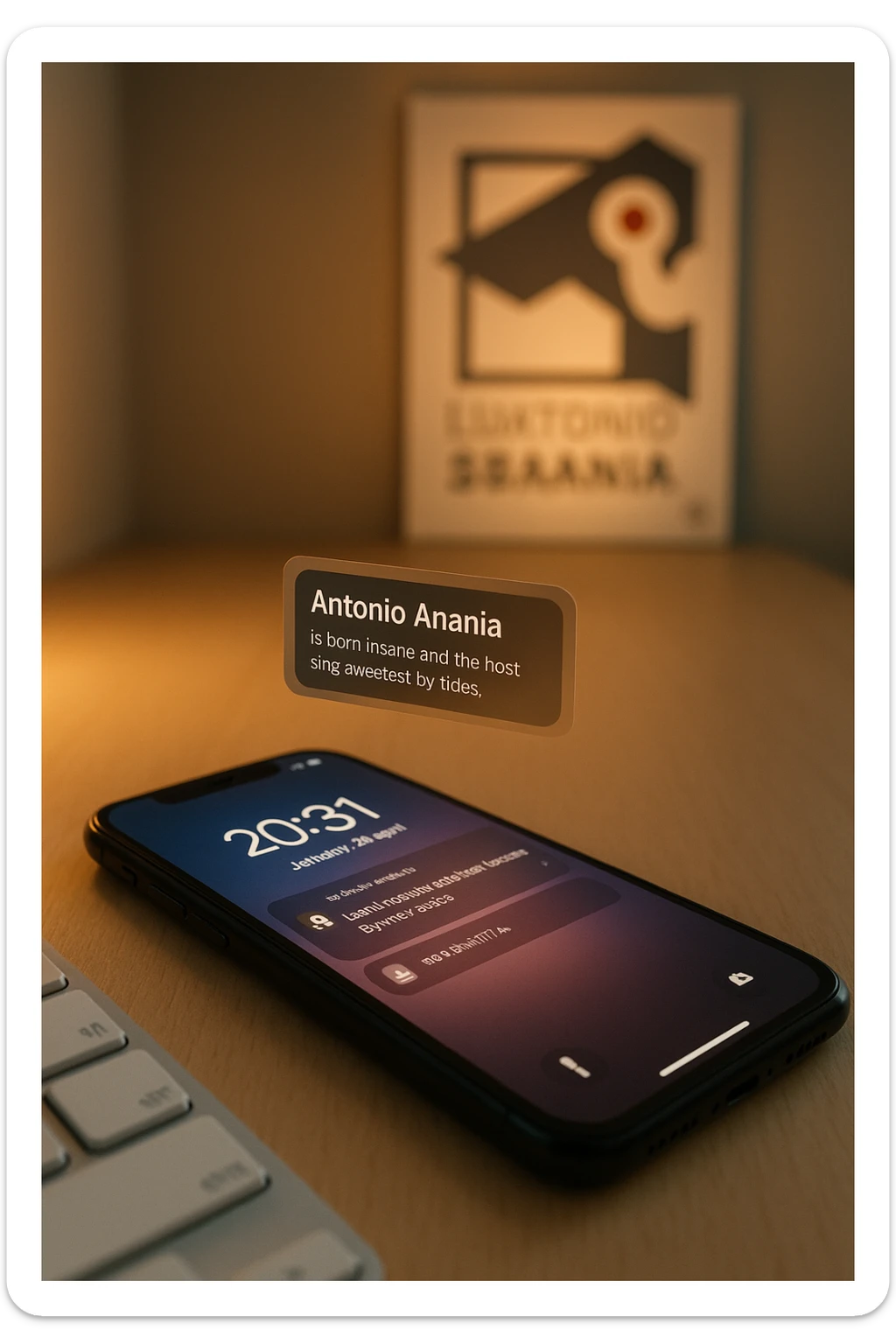 A photo of an iPhone with the message "Antonio Anania" on its scree, both surrounded by soft light and shadow. The phone sits atop a desk with a blurred background that suggests work environment. A faint glow from above casts gentle shadows across the surface of each object, creating depth and highlighting their textures. sticker