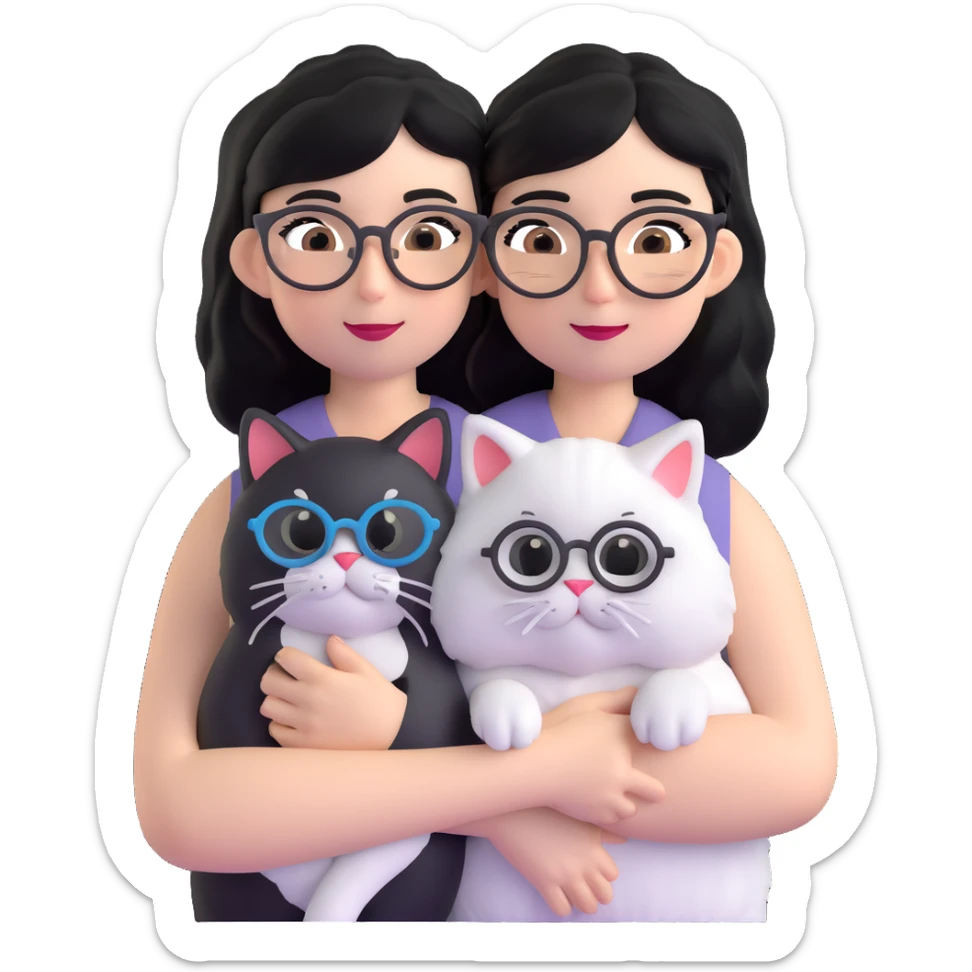 Skinny woman with oval glasses, shoulder length straight black hair, wearing white sleeveless top, hugging a Persian-Angora cat that's gray and white like Oreo cookies, plain background sticker