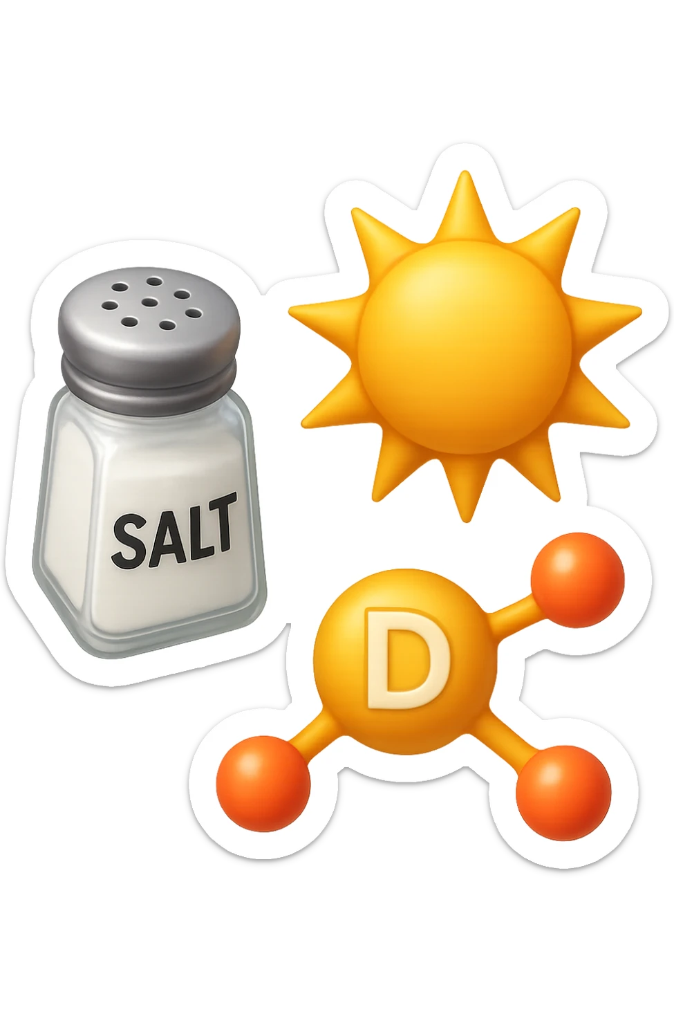 emoji stile iphone di una boccetta di sale, un sole, una particella chimica di VITAMINA D, IPERREALISTICO 4K sticker