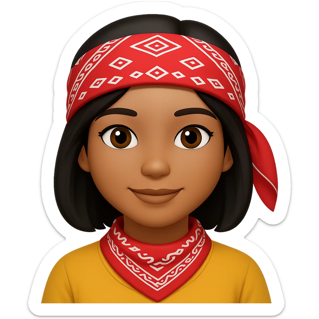 Create an image of a woman with a bandana and black hair in the style of Apple emojis, with no background. The style should mimic the look of Apple emojis. sticker