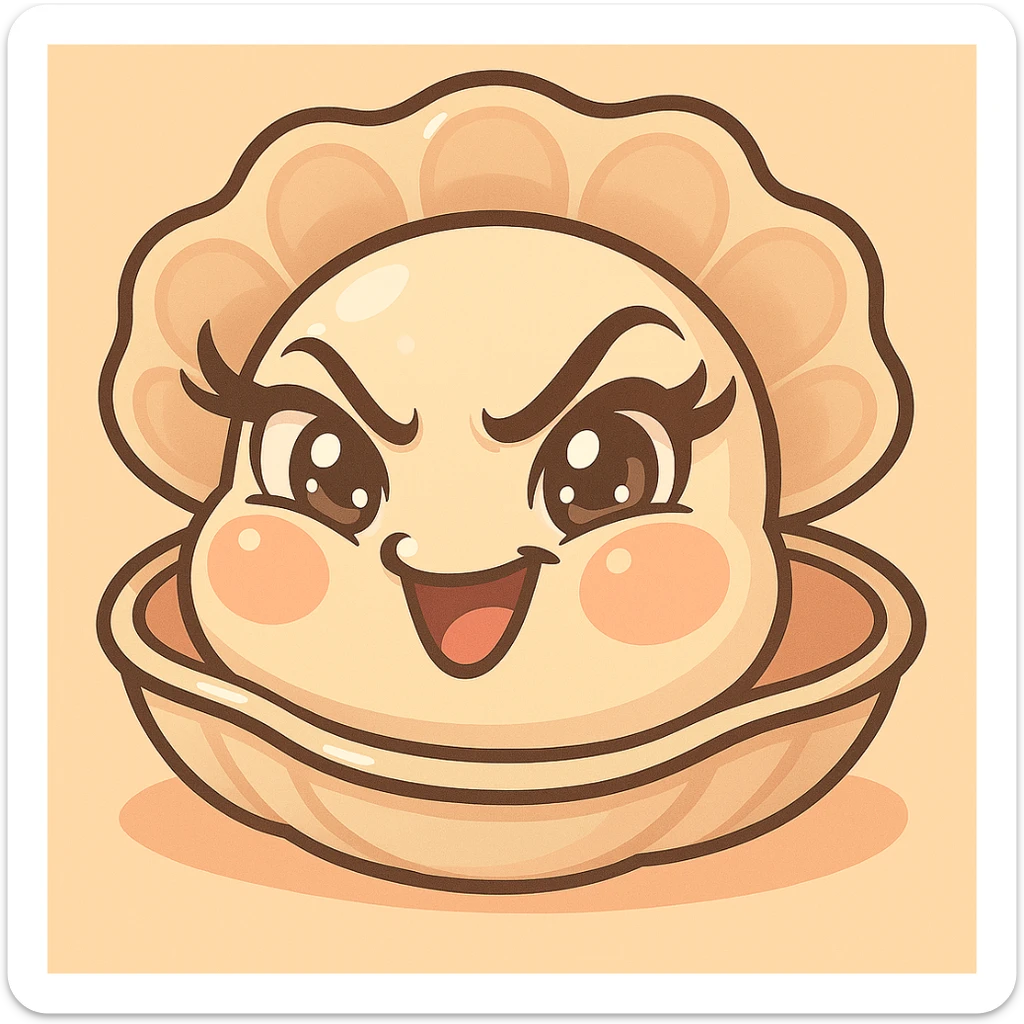 Enhance the contrasts of the image further while maintaining the very mischievous expression, very expressive and luminous eyes, elegant eyelashes, and the pastel toon style. Accentuate the pastel, pearly, cream, peach, and greige nuances strongly. Keep the big shell, the small oyster, and the background as is. sticker