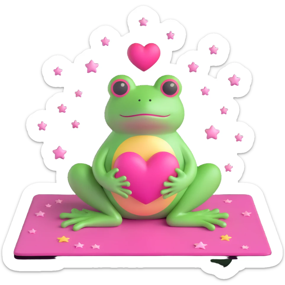 A 3D emoji of a frog in a meditative pose on a pink mat with a heart above its head, stars around it, in the style of iOS 18 emojis. sticker