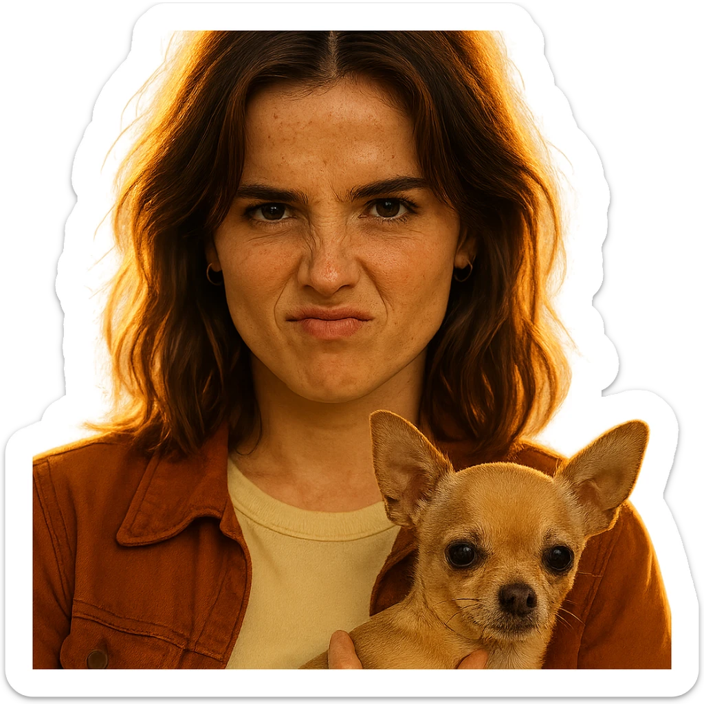 portrait centered of a woman inspired by Zoe Deutch's face, tanned complexion, subtle freckles, rebellious and playful expression, medium-length brown hair with auburn highlights, wearing a shirt color #FFF8CA and a rust-colored jacket, holding a beige-brown chihuahua, golden hour lighting effect, transparent background, Netflix series style sticker