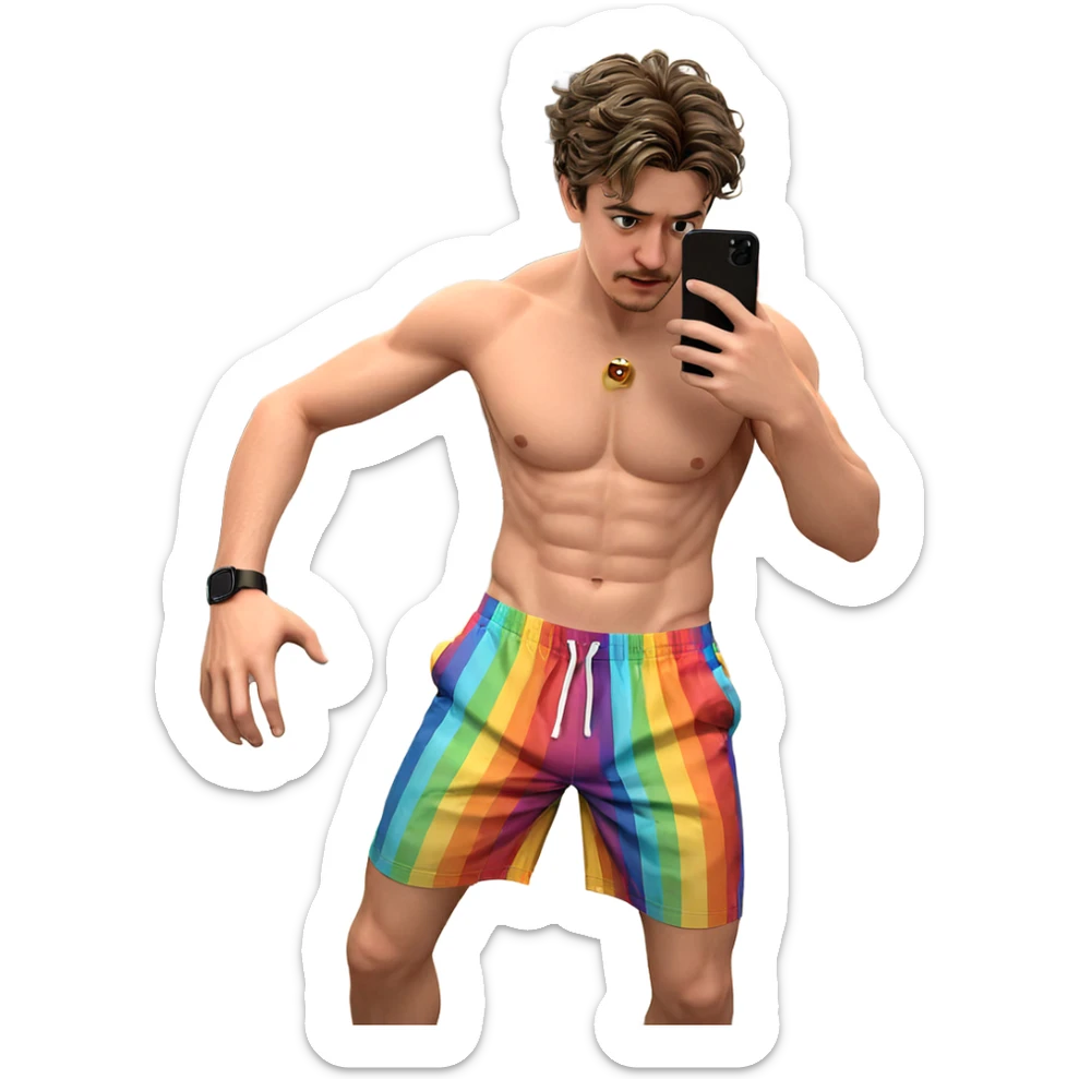 topless man checking phone indoors sticker