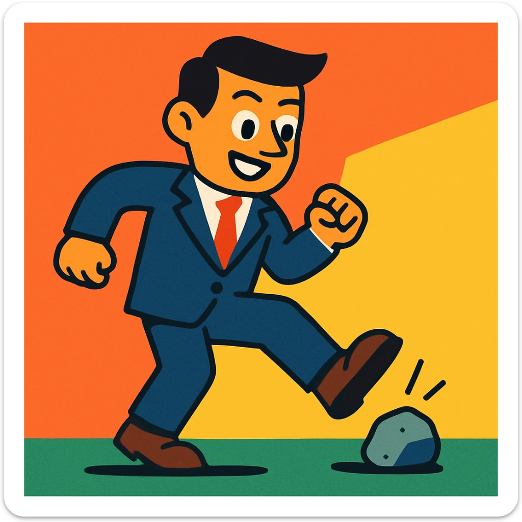 man in a suit kicking a rock on the ground, cartoon style sticker