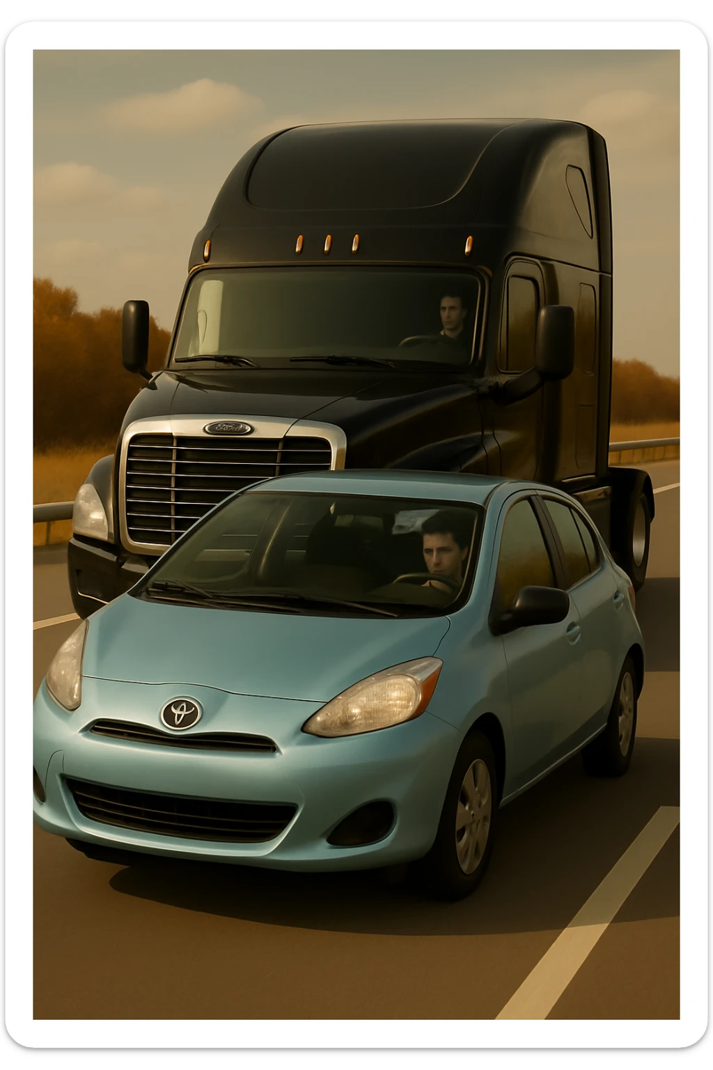 Remove the trailer from the black semi truck, keep the rest of the scene the same, with a person visible in the car in front. sticker