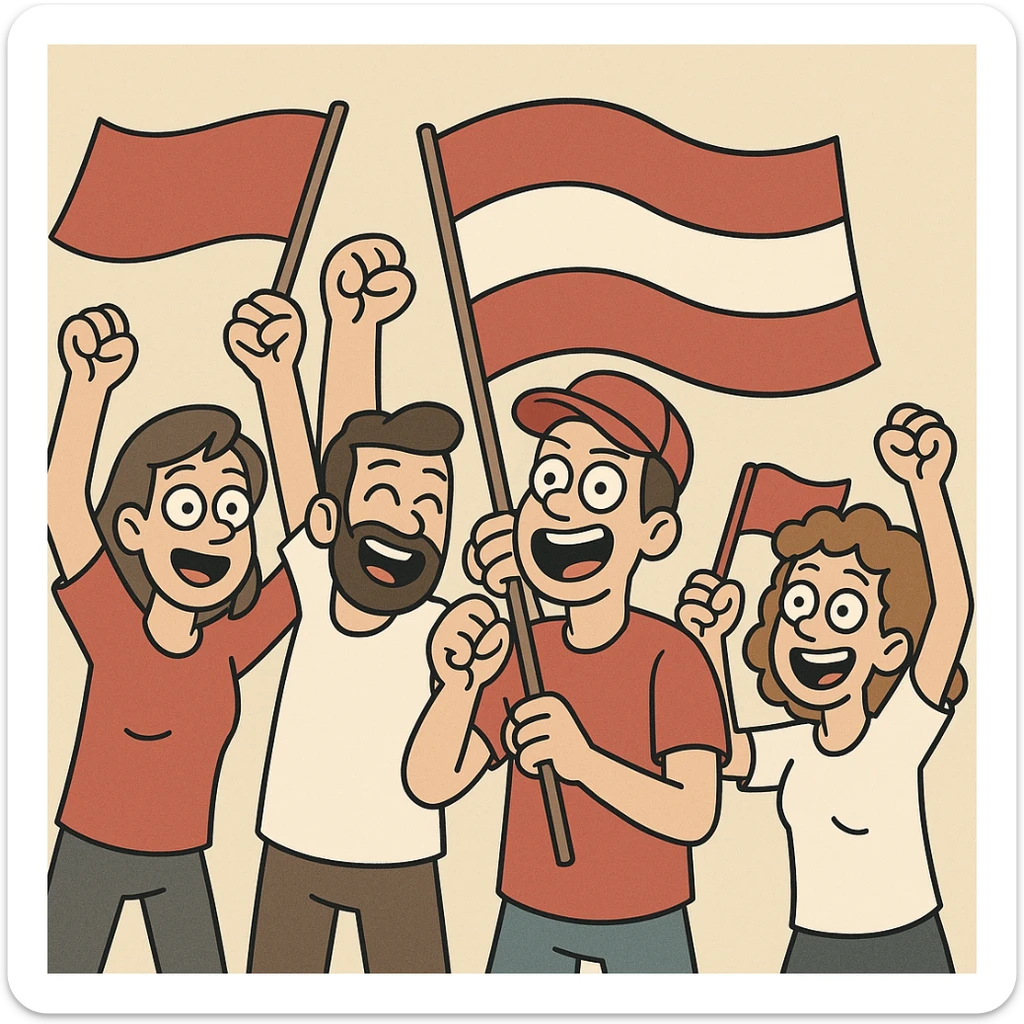 energetic cartoon style fans cheering with flags sticker
