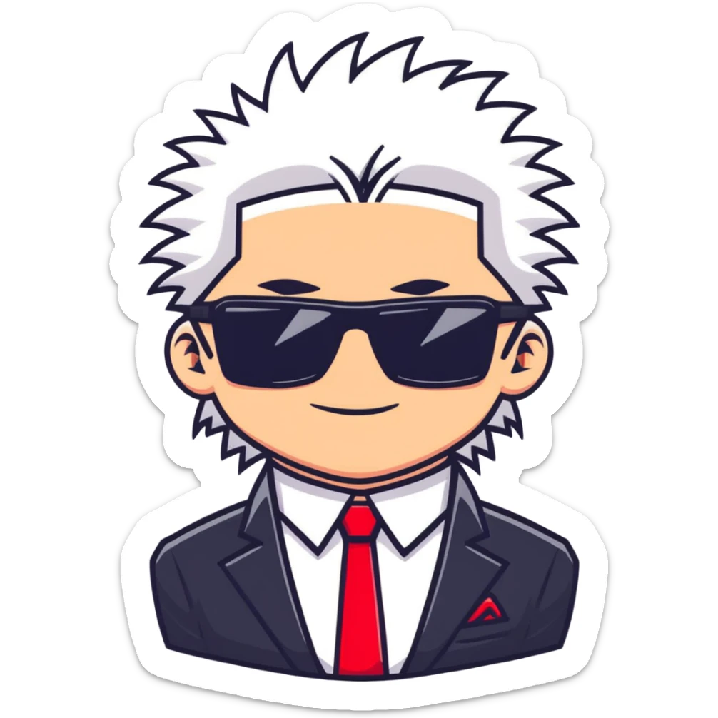 Satoru Gojo character with white spiky hair, black suit, red tie, sunglasses, and confident smirk sticker