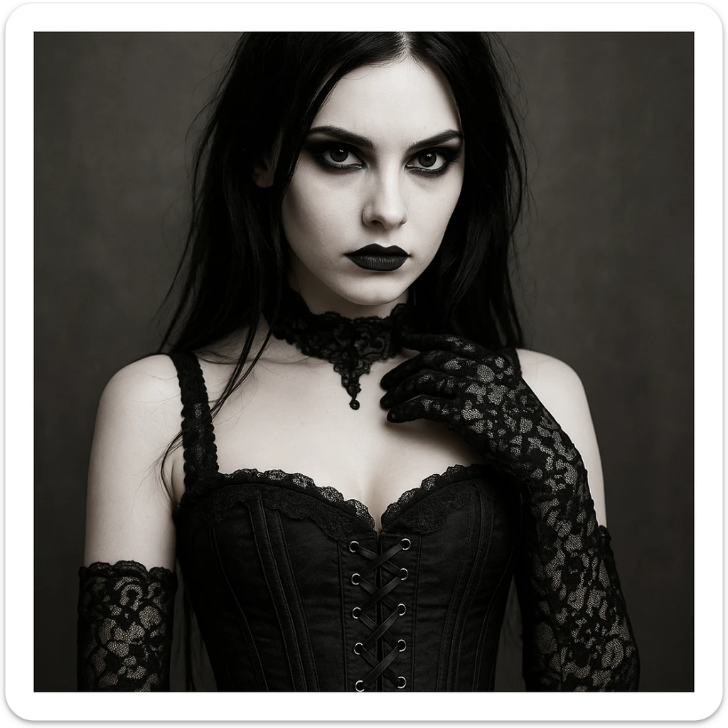 gothic girl, gothic style, corset, black lace gloves, pale skin, intense gaze sticker
