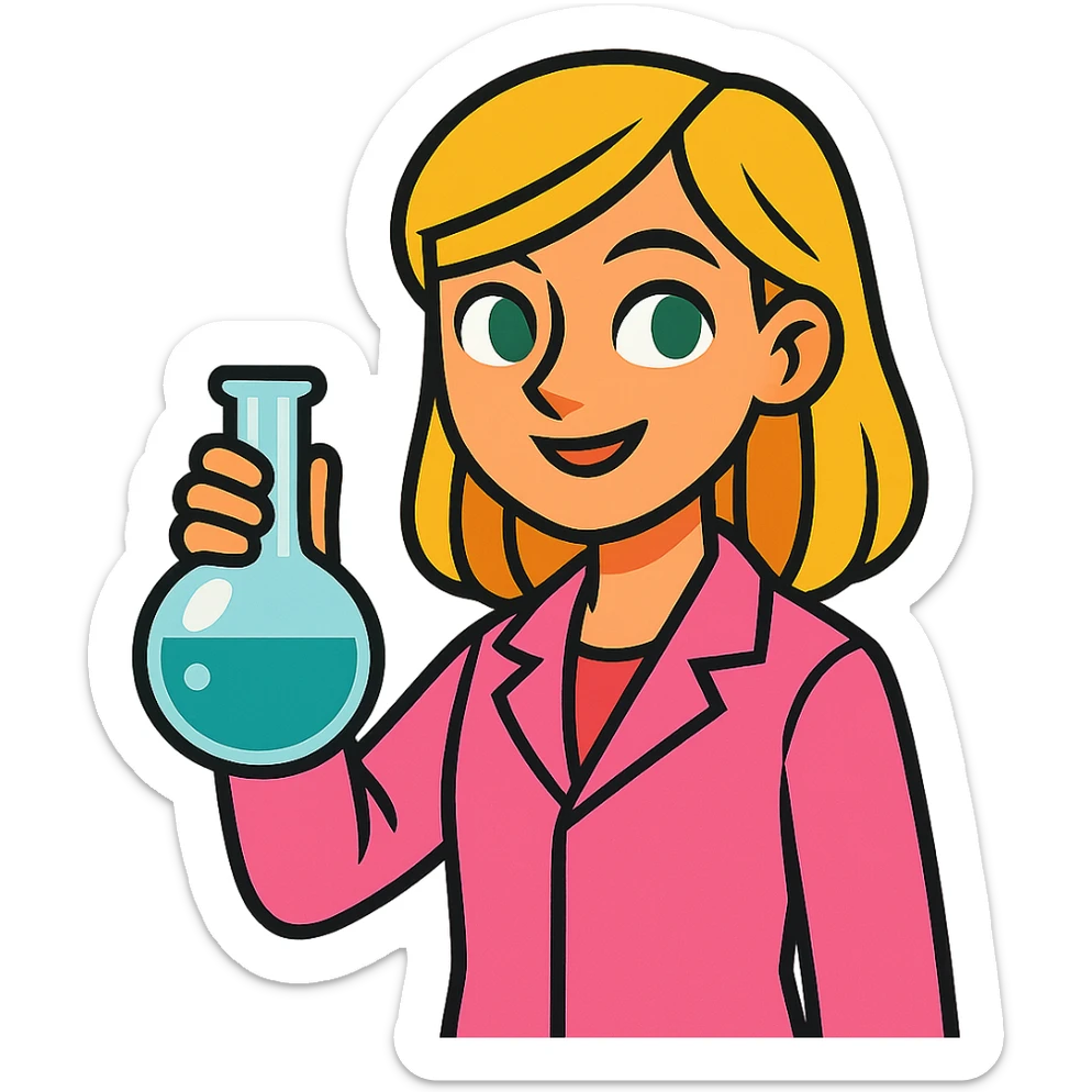 blonde girl with green-grey eyes, wearing a pink lab coat, holding a flask sticker