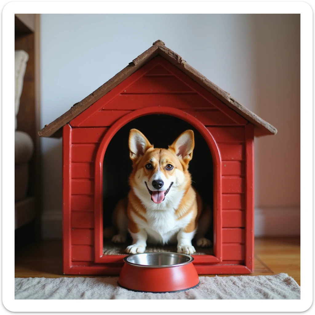 realistic red dog house with a Corgi dog inside, Corgi with a water bowl, photorealistic style sticker