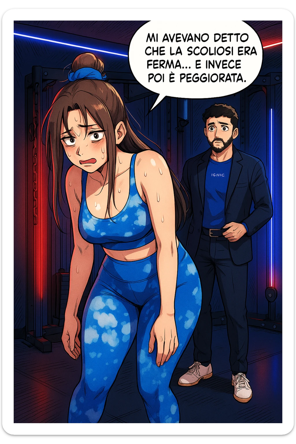 fai questa immagine in versione fumetto/manga/webtoon a colori, il manga mostra la donna disperata con un fumetto sulla testa che dice:
Mi avevano detto che la scoliosi era ferma… e invece poi è peggiorata.
 sticker