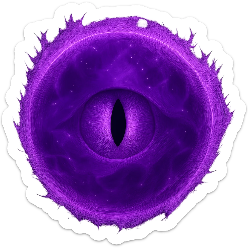 Change the green energy ball to a purple energy ball with a mystical eye in the center, keep the glowing and mystical effect, no background. Maintain the magical and ethereal appearance with vibrant purple hues and a glowing mystical eye at the core. sticker