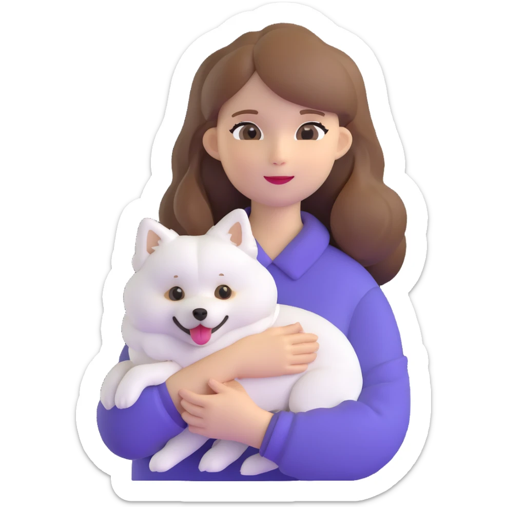 light brown hair girl with pale skin holding a Japanese spitz dog sticker