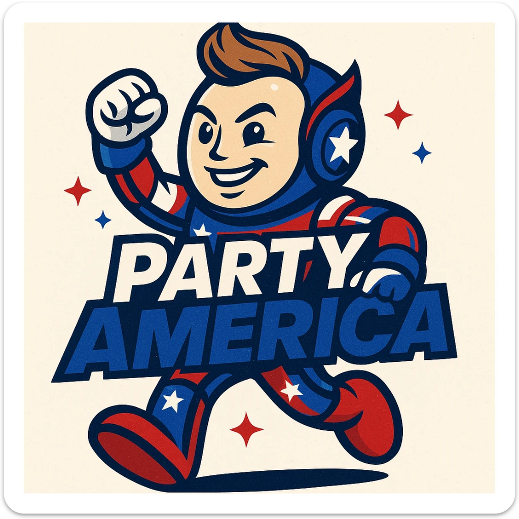 mascot-style creature for 'Party America' inspired by Elon Musk, with the party name 'Party America' integrated into the design, creature looks innovative and American, with stars and stripes sticker