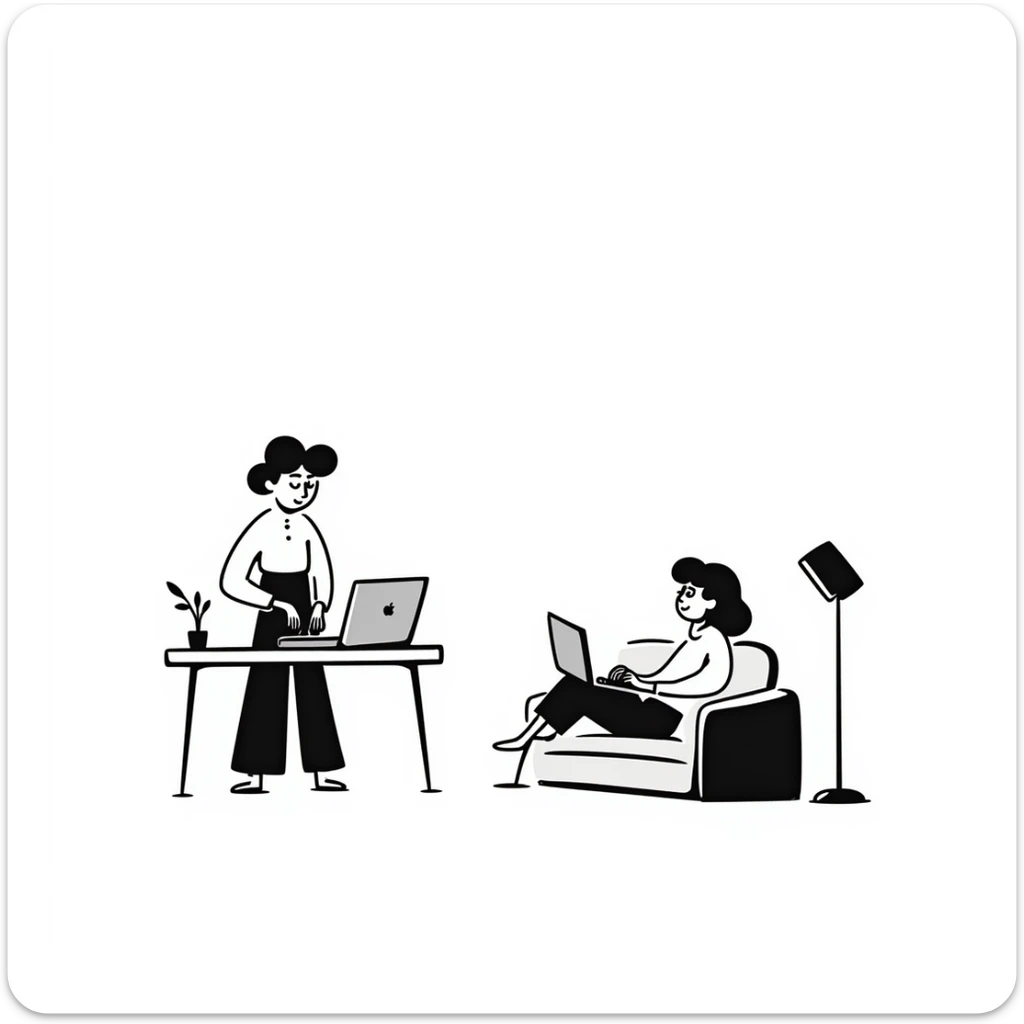 escenary 3d of a cozy mid-century living room with two people working on laptops, one man standing at a desk and one woman sitting on a couch, two walls and floor visible sticker