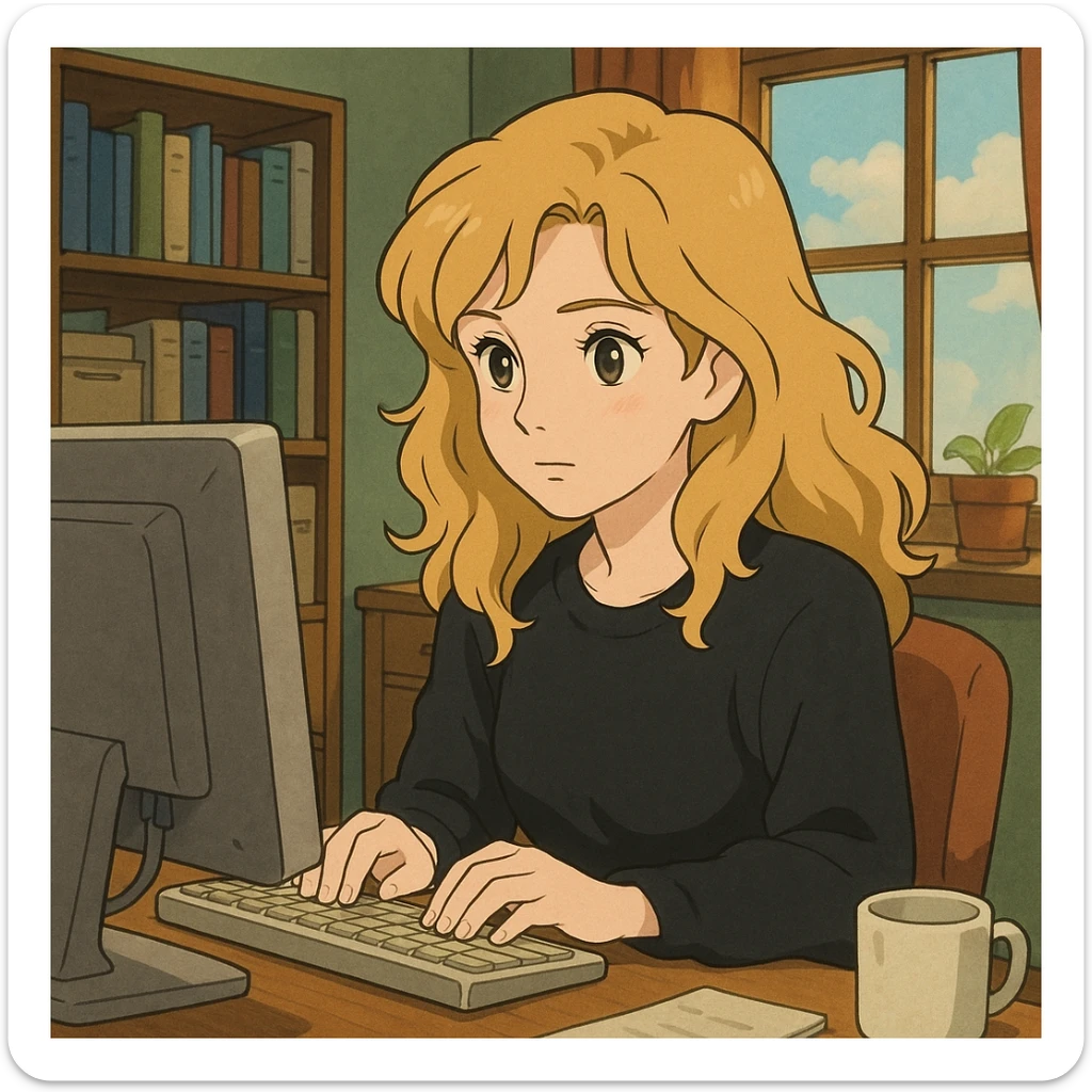 pretty brown-eyed blonde young woman with wavy hair, wearing a black sweater, working on a computer in a cozy office sticker