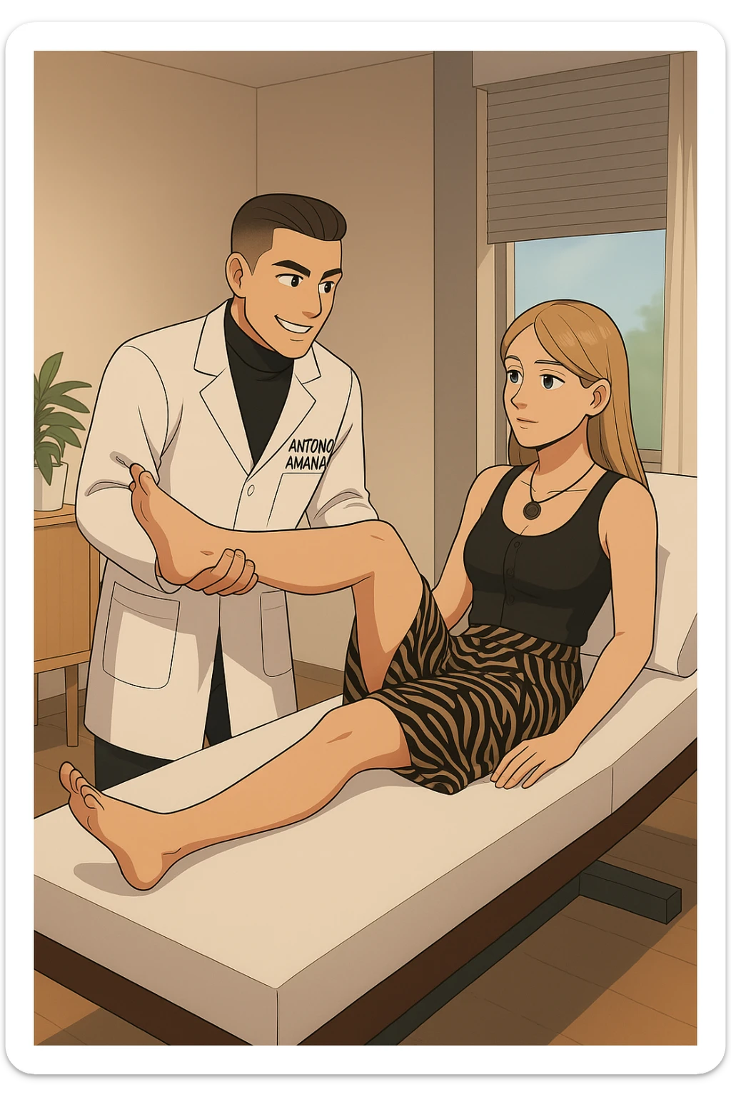 fai un webtoon/manga a colori con questo kinesiologo in camice bianco (fagli la scritta "ANTONIO ANANIA" SUL CAMICE) CHE SVOLGE UN TEST NEUROMUSCOLARE SOLLEVANDO UNA GAMBA ALLA RAGAZZA CHE è STESA SU UN LETTINO BIANCO. STANZA SEMPLICE E MODERNA, DURANTE IL TEST I DUE DIALOGANO TRA LORO. NON FARE I FUMETTI, FAI SOLO LORO COME SE DIALOGASSERO sticker