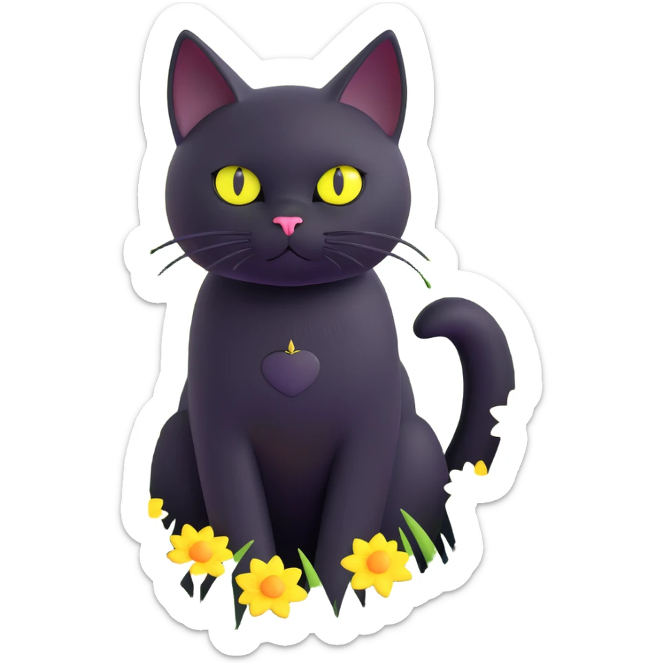 A black cat with wide, curious yellow eyes surrounded by a vibrant meadow of green grass, yellow and white flowers sticker