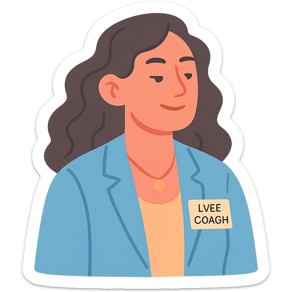 portrait of a calm, confident life coach woman with wavy hair, steady and empowering expression, professional attire, uplifting aura, pastel tones sticker