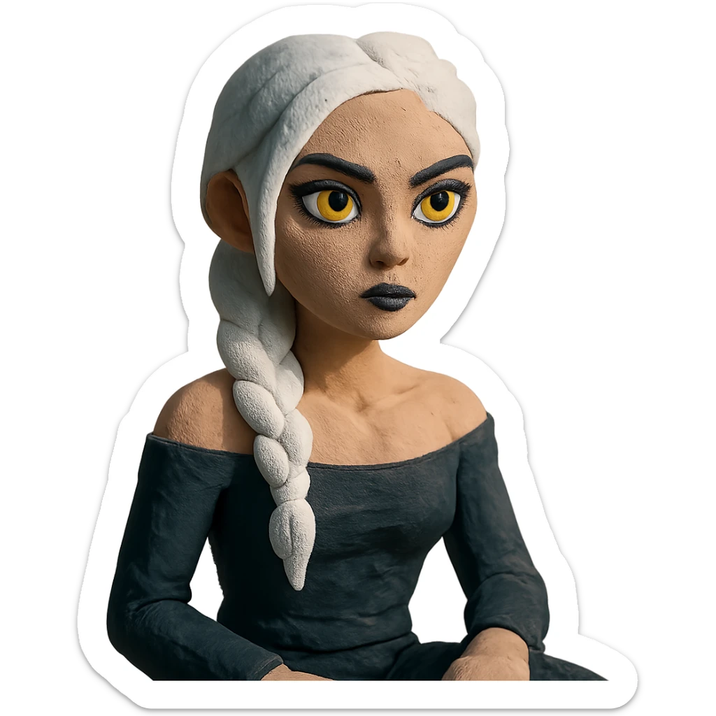 closeup portrait of young woman with gold yellow eyes, white hair in a long braid, black off-shoulder top, punk gothic style, futuristic cyberwave, sitting position sticker