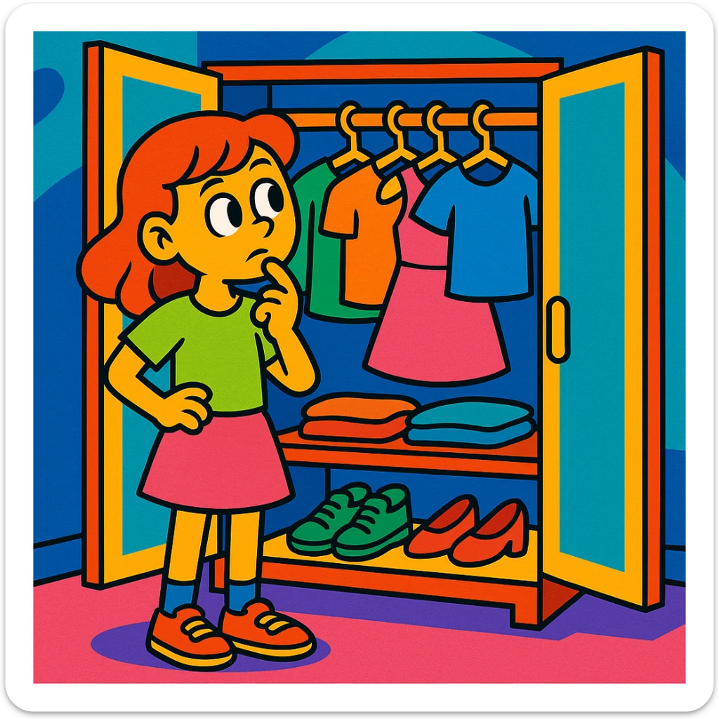girl in front of open closet, pondering outfit, colorful, cartoon style, vibrant toon style, playful sticker