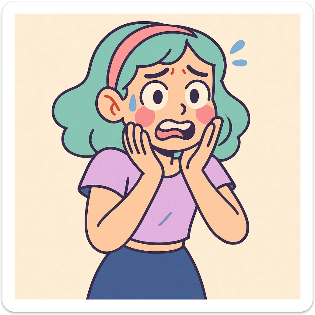 a stylish girl with anxious expressions, pastel cartoon style, soft colors, cute and expressive sticker