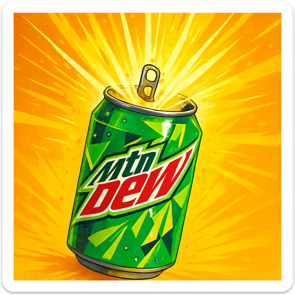 a can of Mountain Dew, vibrant and energetic, green and yellow colors, with sunshine rays bursting out when opened sticker