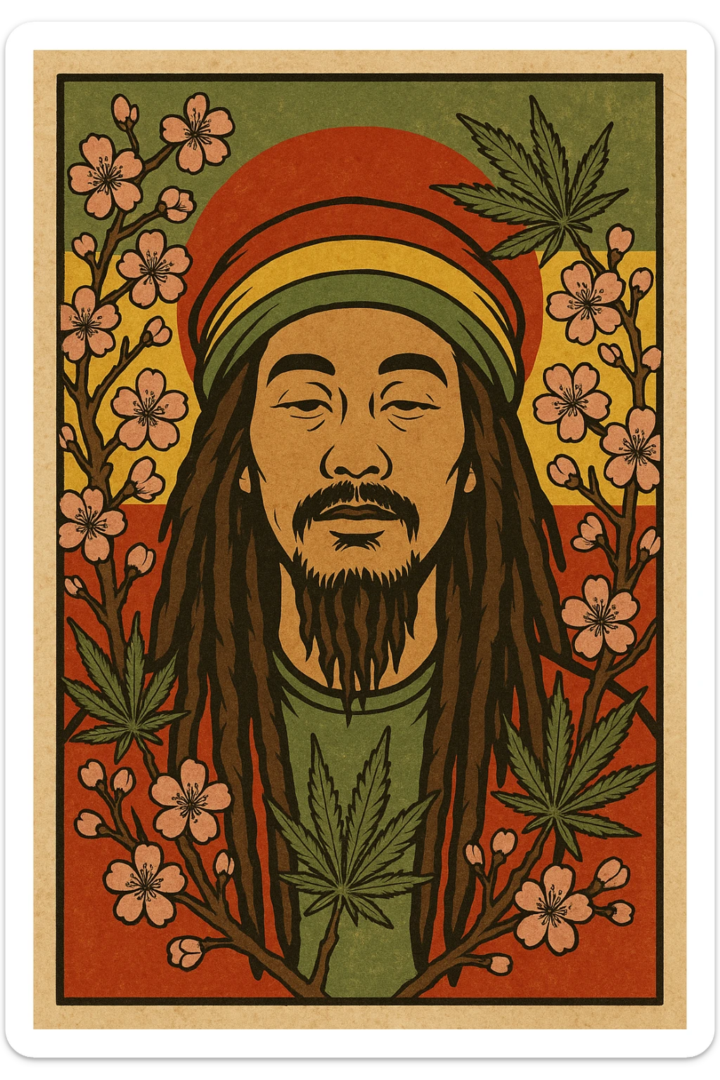 Vintage poster of an Asian Rasta with long dreadlocks, peaceful eyes, and a red-gold-green tam. Surrounded by cherry blossoms and ganja leaves. Background blends Rasta colors into an Asian flag (e.g., red sun from Japan or Chinese star). Retro reggae fusion vibe, with bold lines and aged paper texture.
 sticker