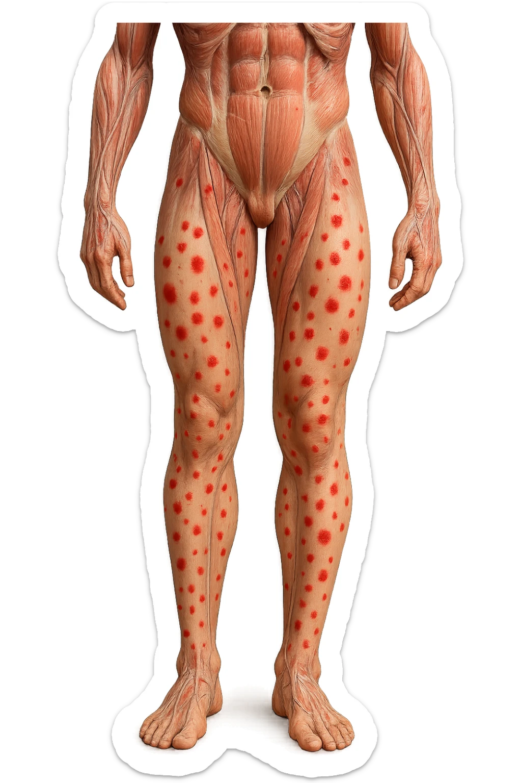 corpo umano anatomico con red spot sparsi sulle gambe, iperrealistica in 3d sticker