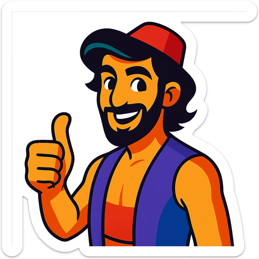 Arabian man in Aladdin style giving a thumbs up, vibrant colors, friendly expression sticker