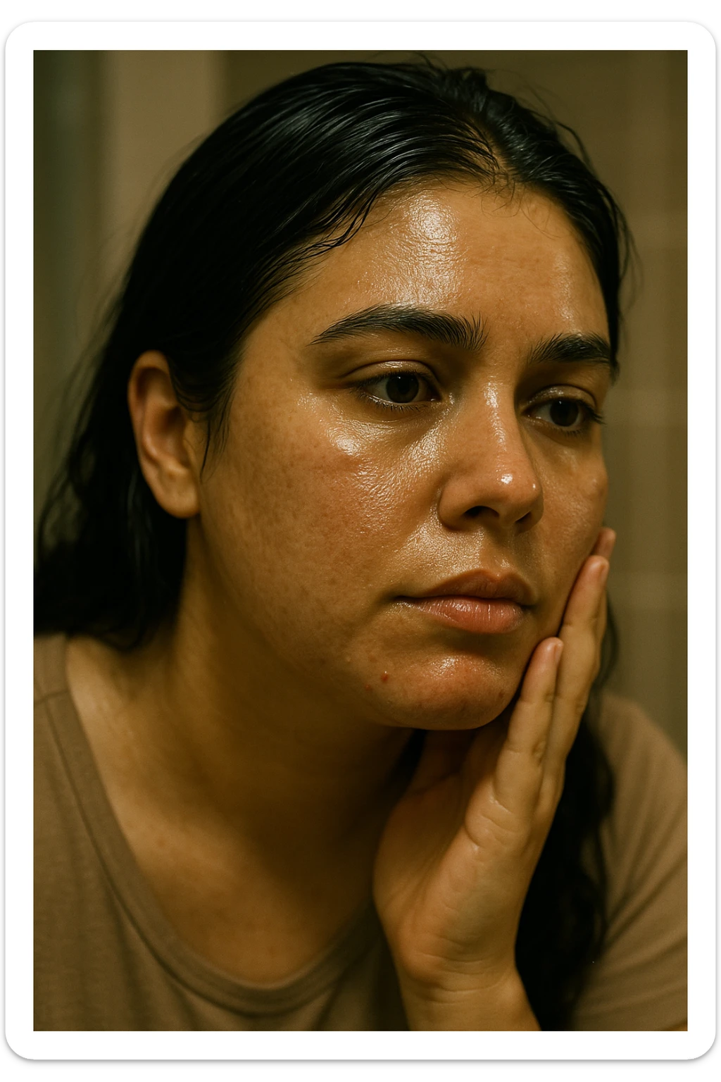 A highly realistic, cinematic close-up portrait of a young woman in her late 20s with medium skin tone, showing visible oily skin and enlarged pores on her cheeks, nose, and forehead. Her skin has a noticeable shiny appearance due to excessive sebum production, and small acne spots are visible along her jawline and chin, indicating hormonal imbalance. Her dark hair appears greasy, clumping in some areas near her scalp, emphasizing unwashed, oily hair due to overactive sebaceous glands caused by PCOS. The woman looks at herself in the mirror with a tired yet hopeful expression, gently touching her cheek with her fingertips as she observes her skin condition. The setting is a softly lit bathroom with natural daylight, and the reflection shows the detail of her skin texture and greasy hair strands. Style: 35mm hyperrealistic film, warm neutral tones with soft depth of field, focusing on the oily skin texture, visible pores, and greasy hair to clearly illustrate the visual symptoms of PCOS. in italiano sticker