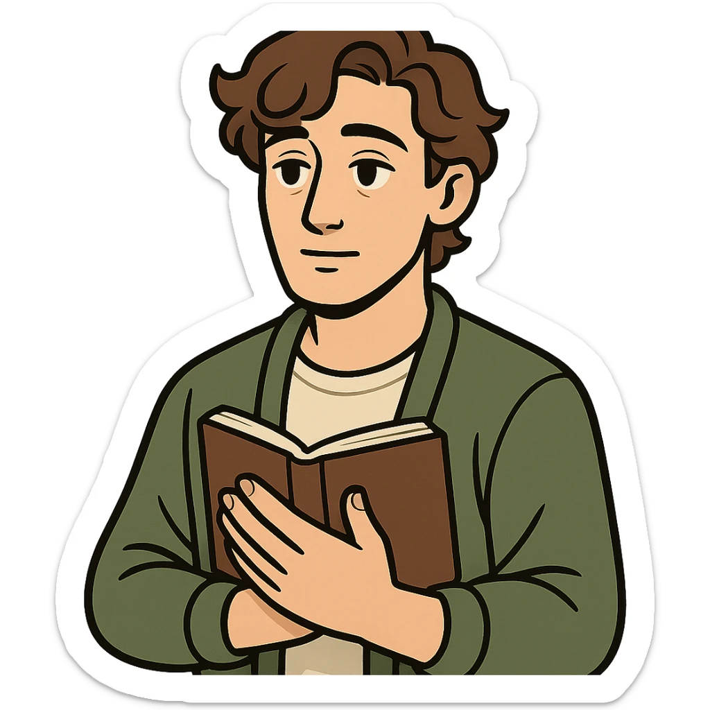 Calm and thoughtful male confidant, fair skin, soft wavy brown hair, gentle eyes, wearing a green cardigan over a light shirt, holding an open journal close to chest, waist-up, front-facing, pure background sticker