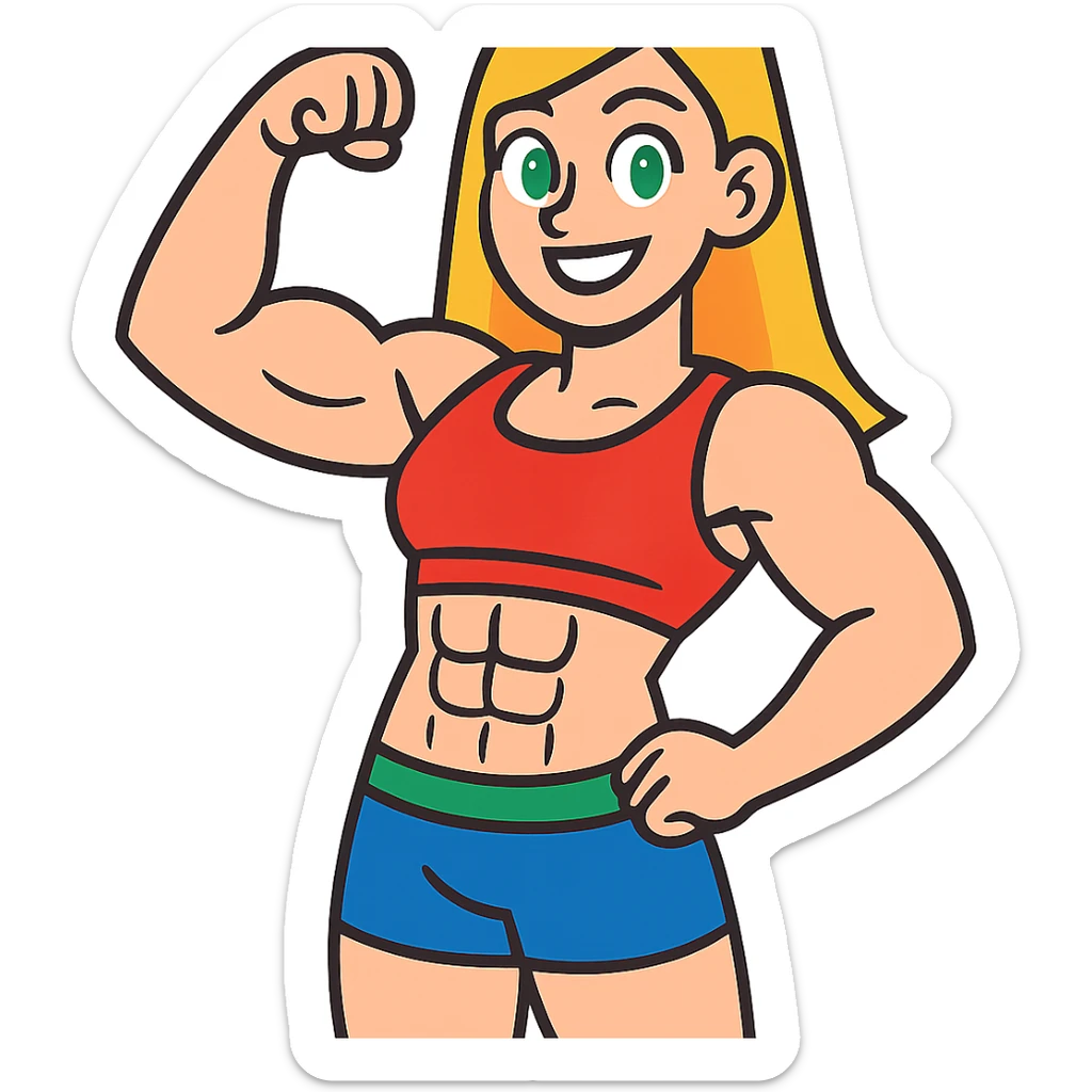 full body pose of a muscular white girl with blonde hair and green eyes, flexing 6 pack abs and one arm bicep sticker