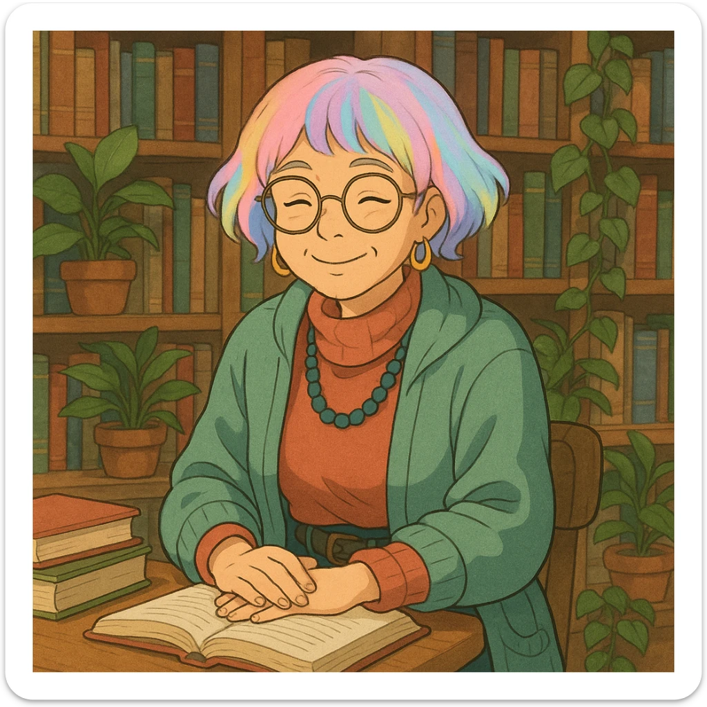 Gen Z librarian granny with pastel hair, hip clothing, surrounded by books and plants, warm expression, ghibli style sticker