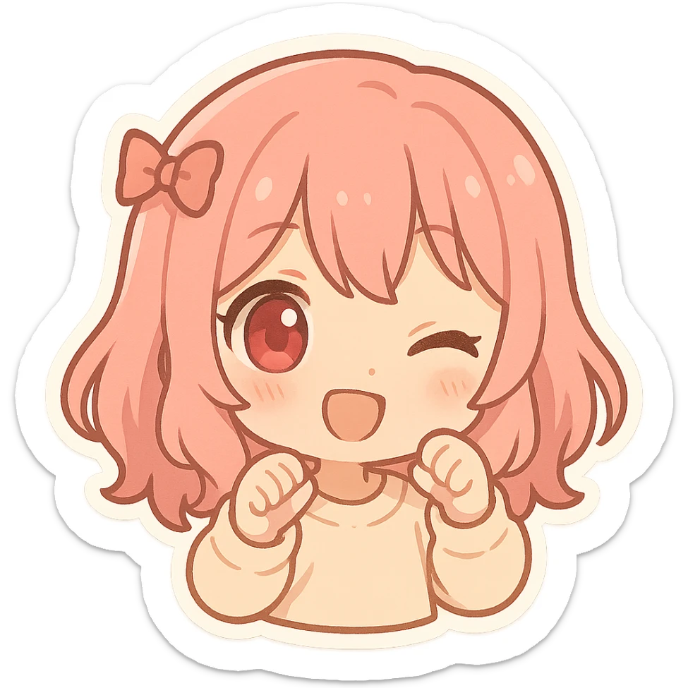 pink haired girl with red eyes, chibi cartoon style, adorable and playful sticker
