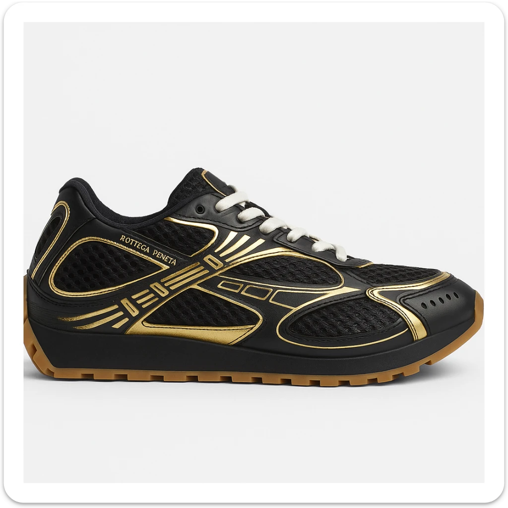Recreate the Bottega Veneta Orbit sneaker in black with gold accents, exact design, shown at a sideways angle like the reference image, realistic style with a clean background. sticker