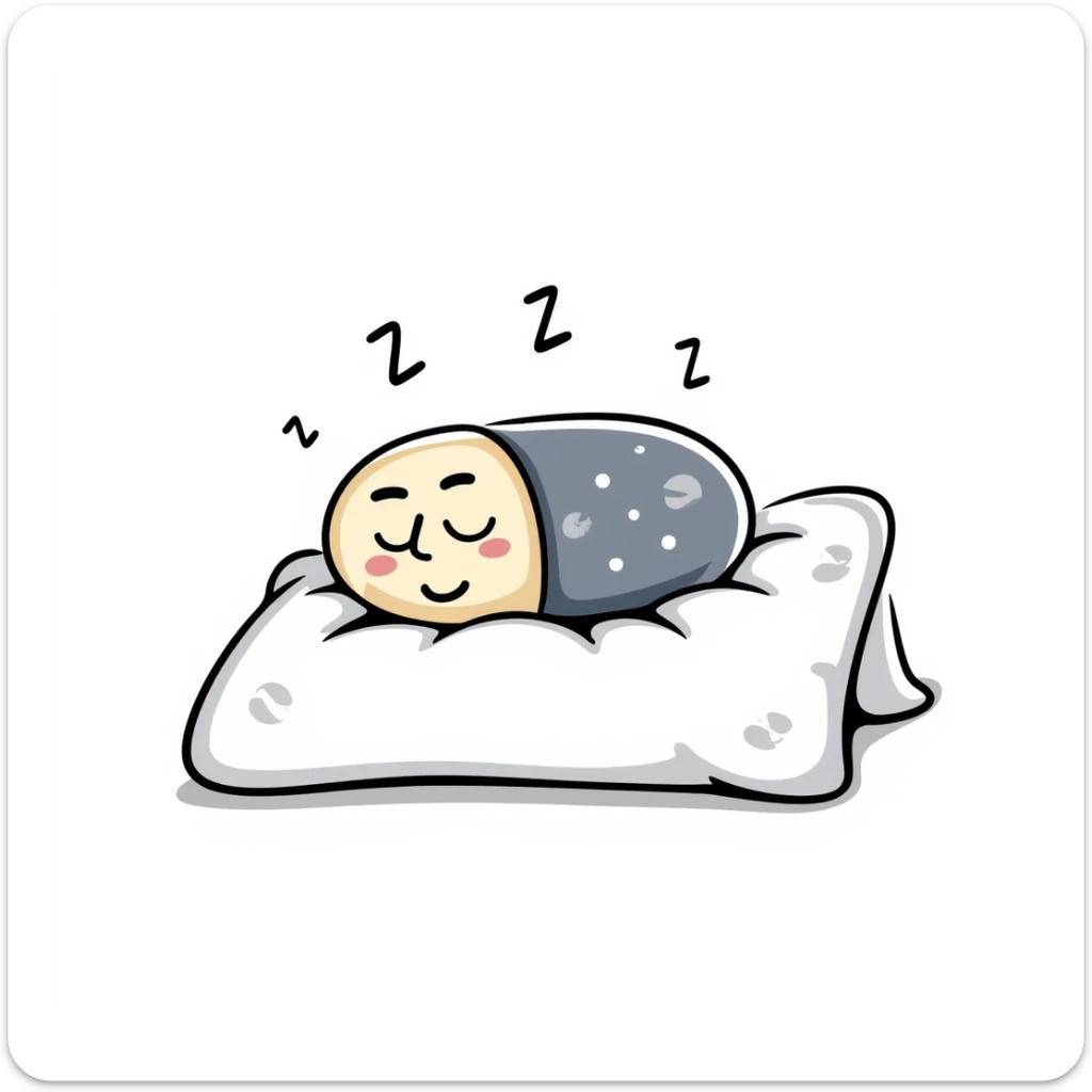 Cute sleeping pill with closed eyes and zzz sleep symbols, colorful sedative medicine capsule on a pillow, hand drawn sleep aid icon with gentle relaxing colors, sleep medicine concept sticker