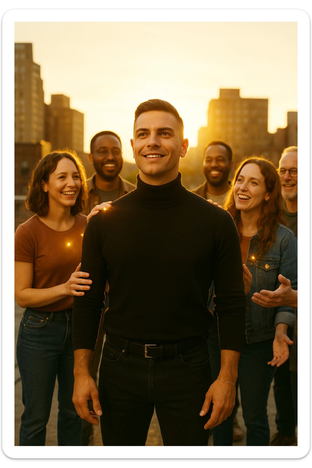 A cinematic scene of a man in his early 30s standing at the center of a sunlit urban rooftop during golden hour, surrounded by a diverse group of supportive, smiling people — friends, mentors, colleagues. They’re standing slightly behind or beside him, hands on his shoulder or gesturing toward him with encouragement. The man looks forward with a confident, inspired expression, body slightly relaxed, as if something inside di lui sta cambiando. The light behind the group forms a halo effect, emphasizing warmth and unity. Subtle visual symbolism: faint glow around their hands and hearts, suggesting their energy is uplifting him. Realistic clothing, modern style — jeans, T-shirts, casual jackets. The mood is inspiring, grounded, and full of potential. Shot in 35mm film style, with rich warm tones, shallow depth of field, and vibrant human detail. sticker