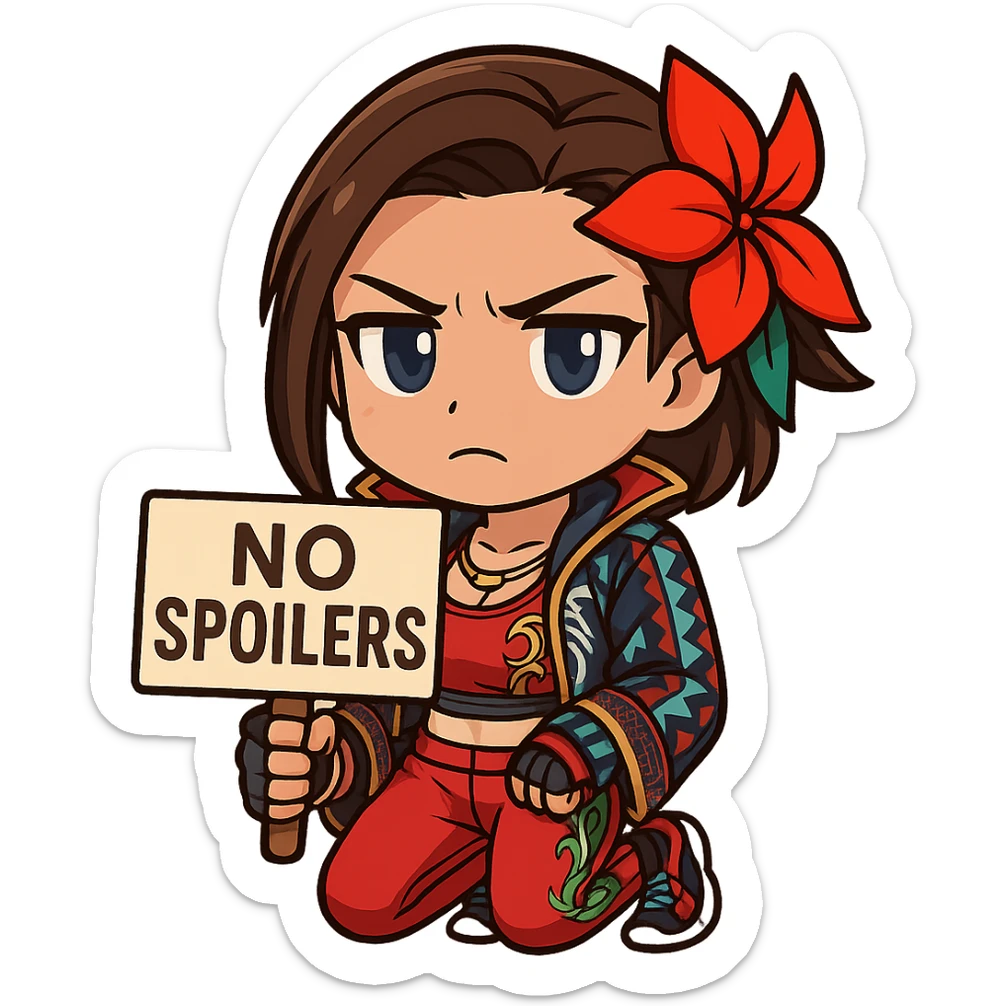 Azucena from Tekken 8 in chibi sticker style, holding a sign that says 'NO SPOILERS', with a serious expression, wearing the detailed red and patterned outfit from the reference images, designed for Twitch emote use. sticker