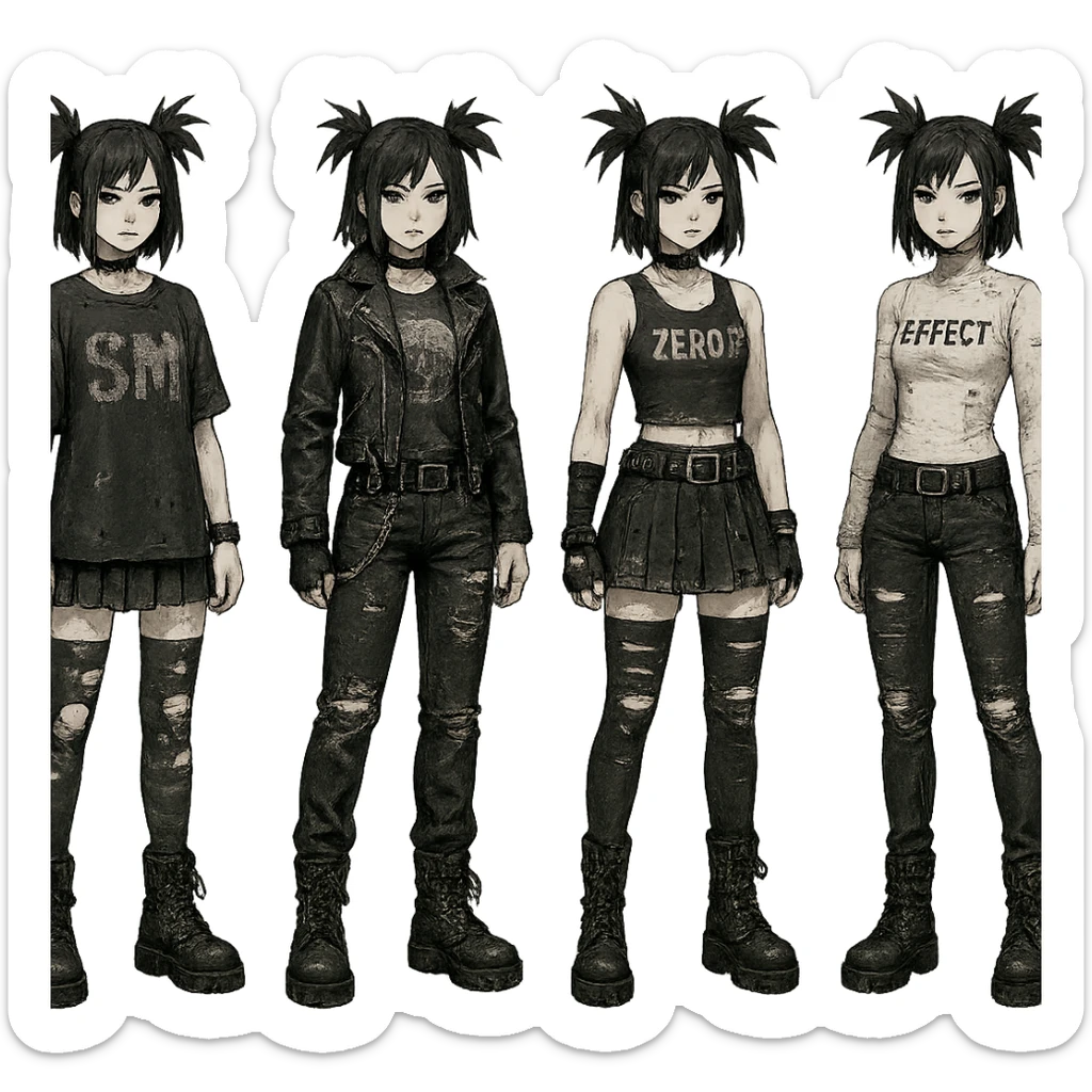 outfit designs for a VTUBER OC. The style is mixed 90's grunge, punk, lots of black and white in the color scheme, futuristic aesthetic. Clothing has small rips and tears from wear, logos and designs are faded. Garage, Shoegaze, postmodern style. character design concept art outfits for a female sticker