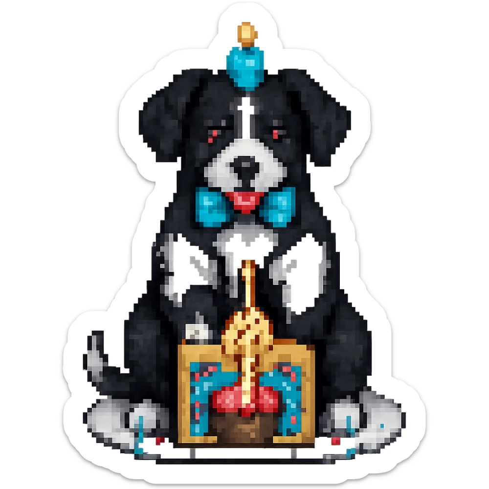 Change the dog's fur color to black and white while preserving the pixel art style look. Remove the background. sticker