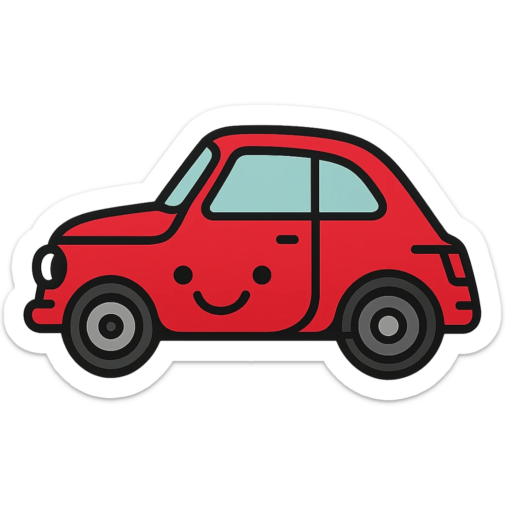 Make the Fiat 500 car red, add a smiling face to the car, keep the background transparent. sticker