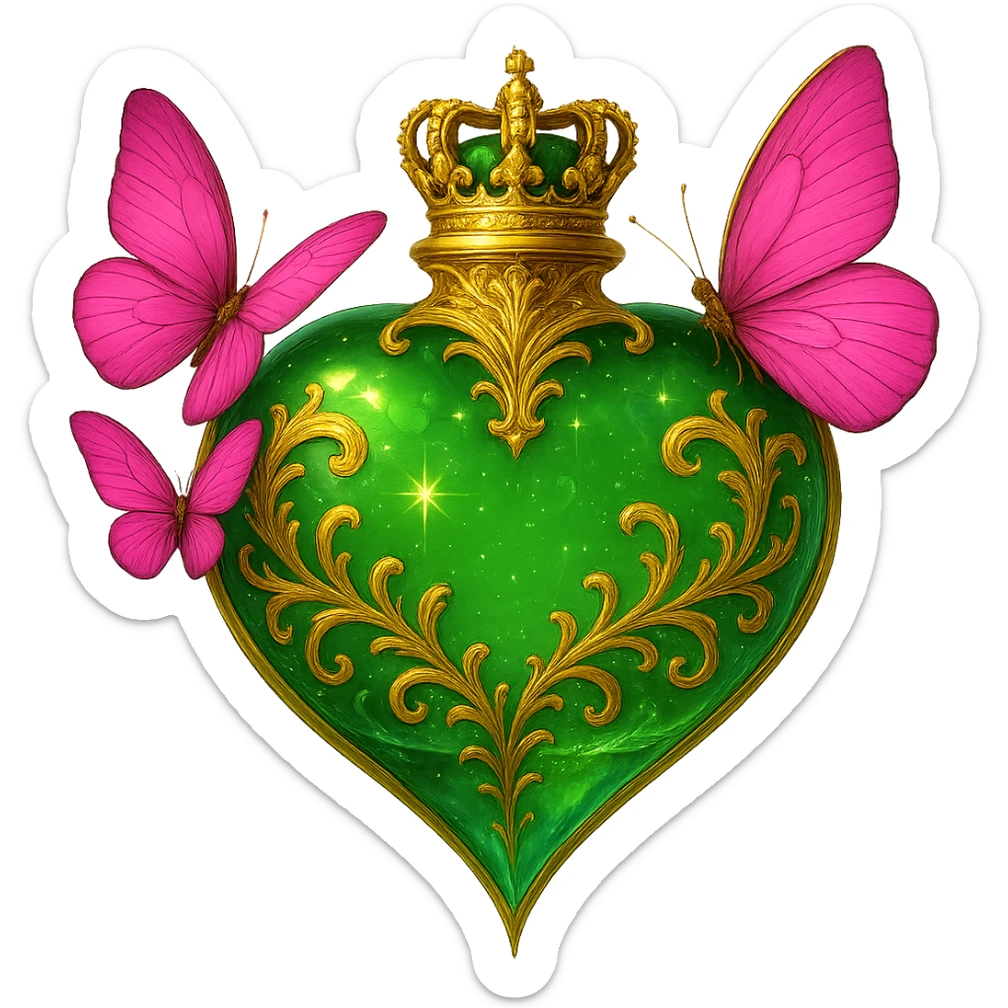 Edit the image of a crystal green heart-shaped bottle with golden details and pink butterflies attached. Add a small crown on top of the bottle as the stopper. Keep the bottle transparent with a beautiful merging bottom and make it appear floating in the air. The design should be elegant, bright, with crystal effects and glowing highlights. Maintain a transparent background with no base or shadow. sticker