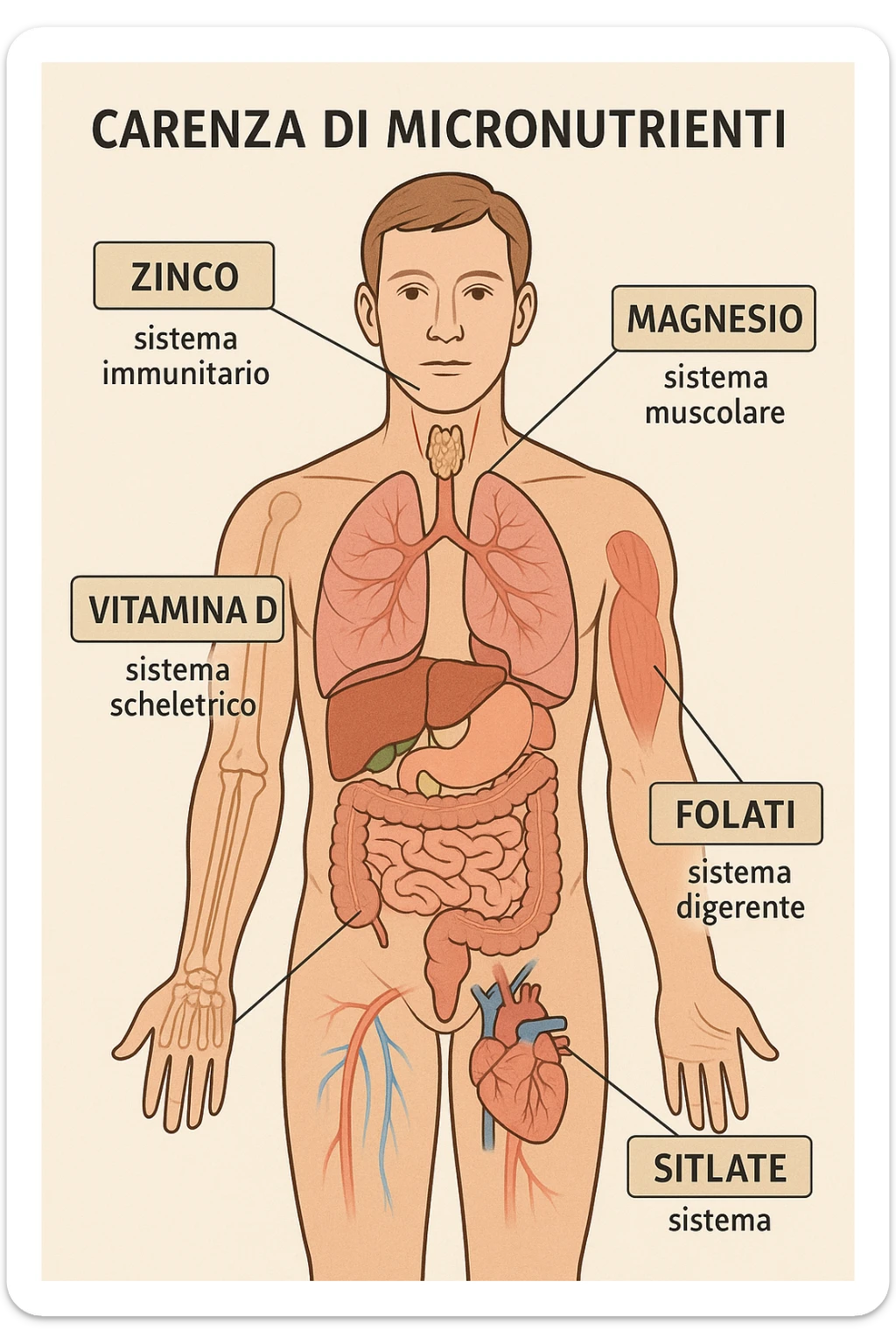 corpo umano in carenza di micronutrienti come zinco, magnesio, vitamina D, folati, in italiano sticker