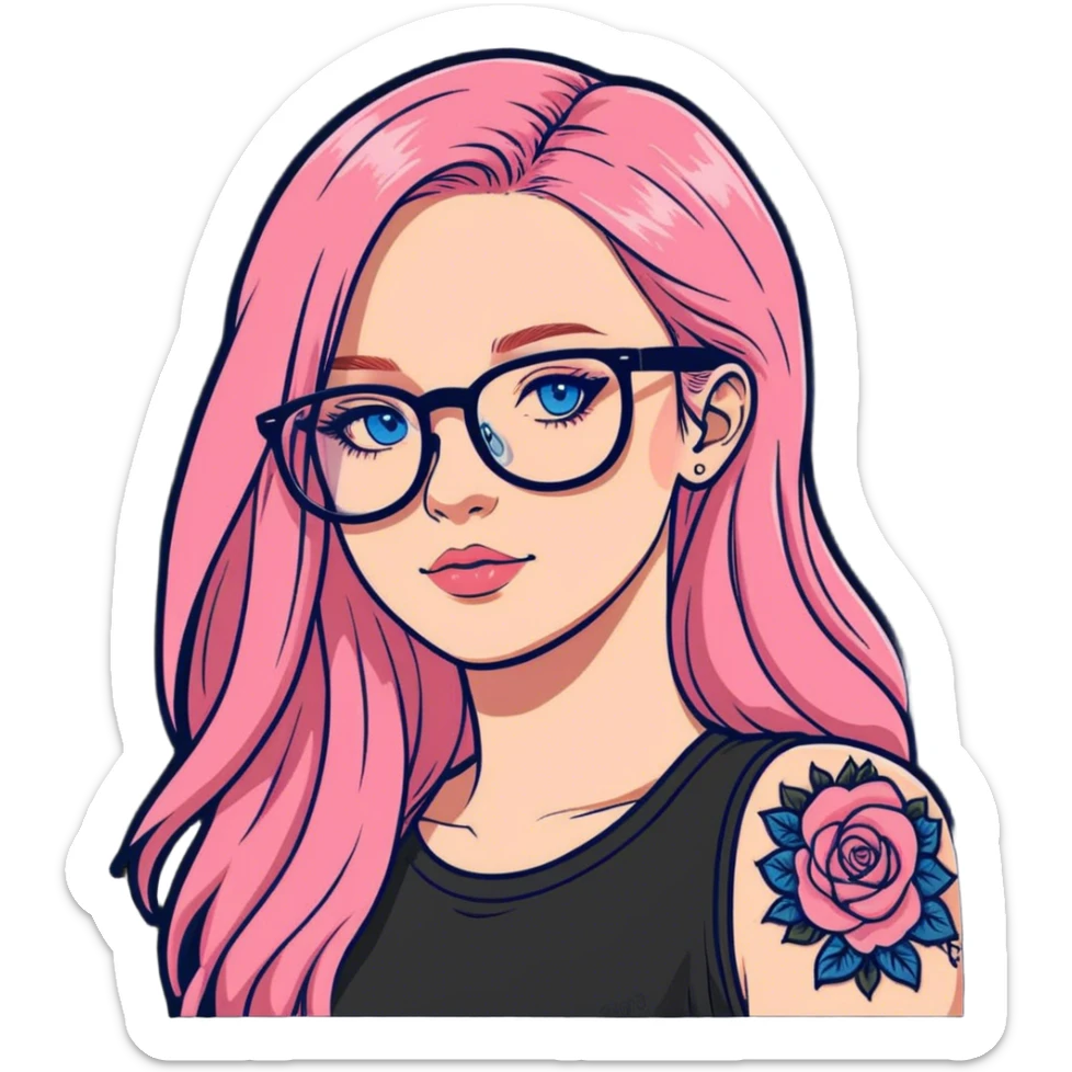 Photo Realistic dior female model, blue eyes and glasses, pink long hair, shoulder tattoo  sticker