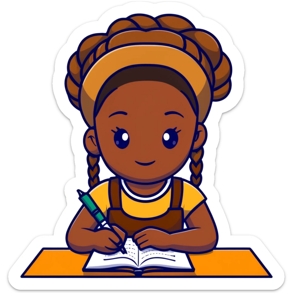African girl student with brown skin and braided hair writing with book and pen sticker